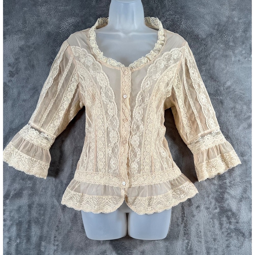 Lace Ruffle Blouse Medium Ivory Victorian Peplum Y2K Sheer Floral Top
